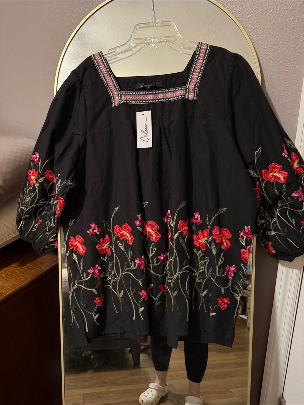 Calessa Black Tunic with Red & Pink Floral Embroidery